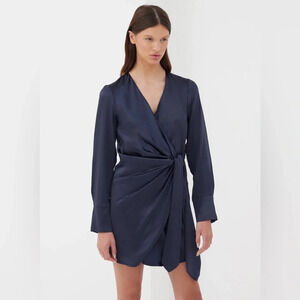 NWT 4th & Reckless NAVY SATIN TIE WRAP DRESS - FALISHA Size Small